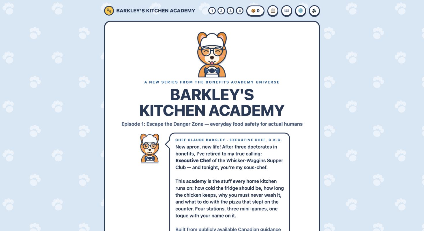 Chef Claude Barkley on the Barkley's Kitchen Academy title screen.
