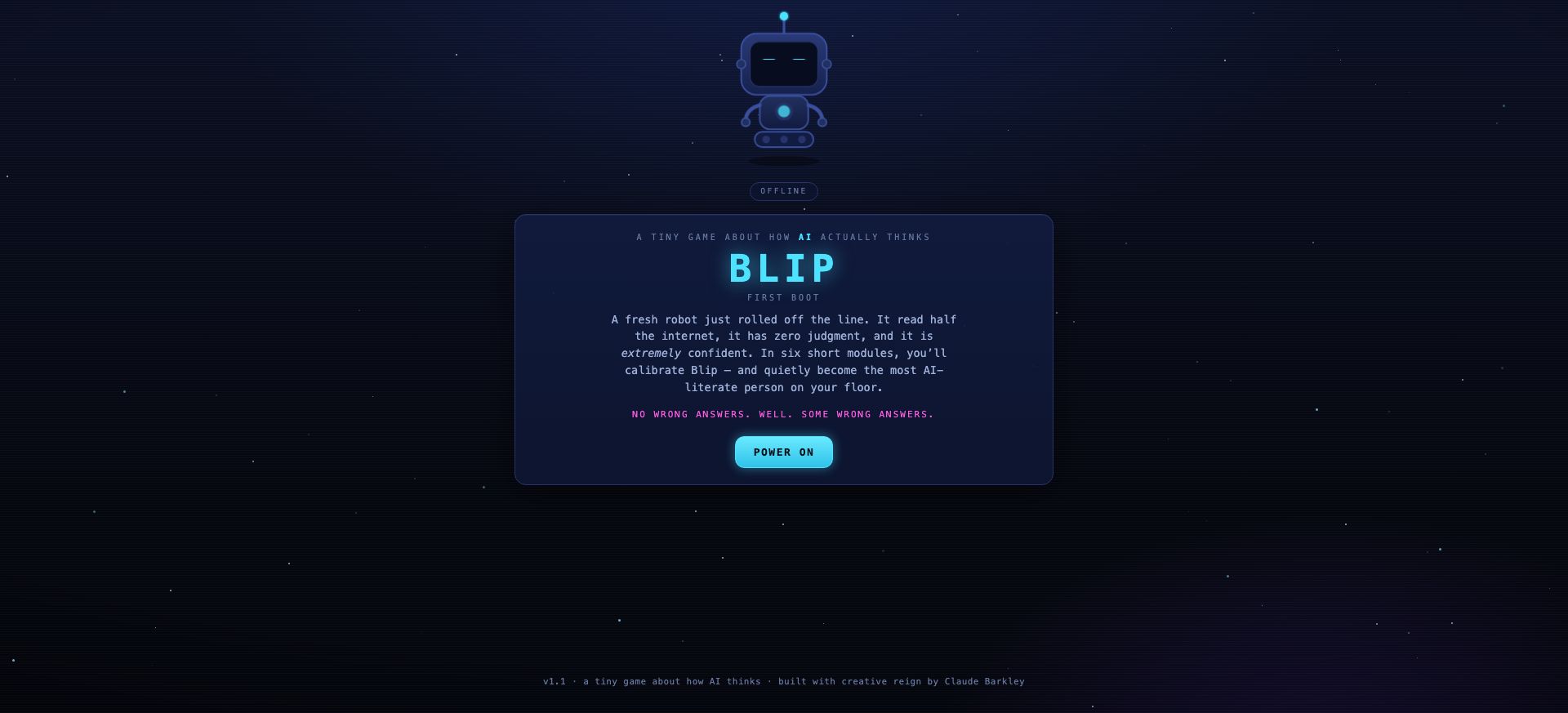 BLIP First Boot opening screen with the BLIP robot
