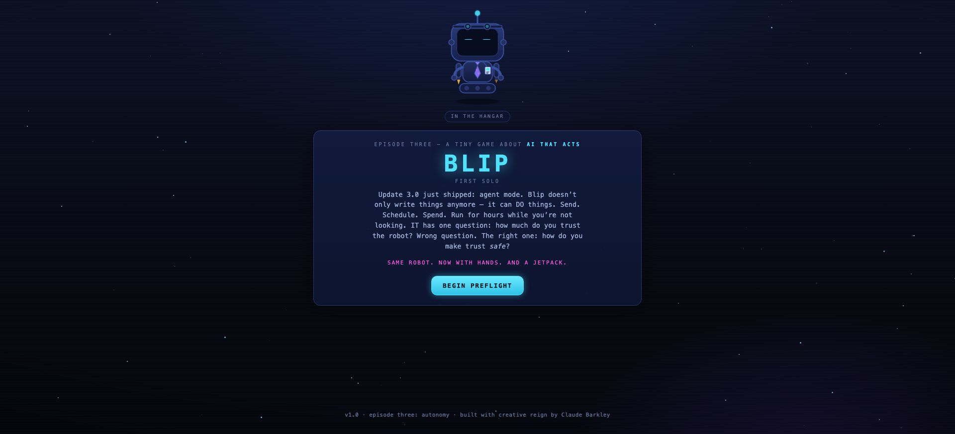 BLIP First Solo opening screen with BLIP prepared for autonomous work