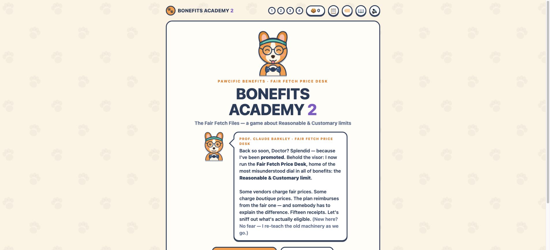 Bonefits Academy 2 opening screen at the Fair Fetch Price Desk