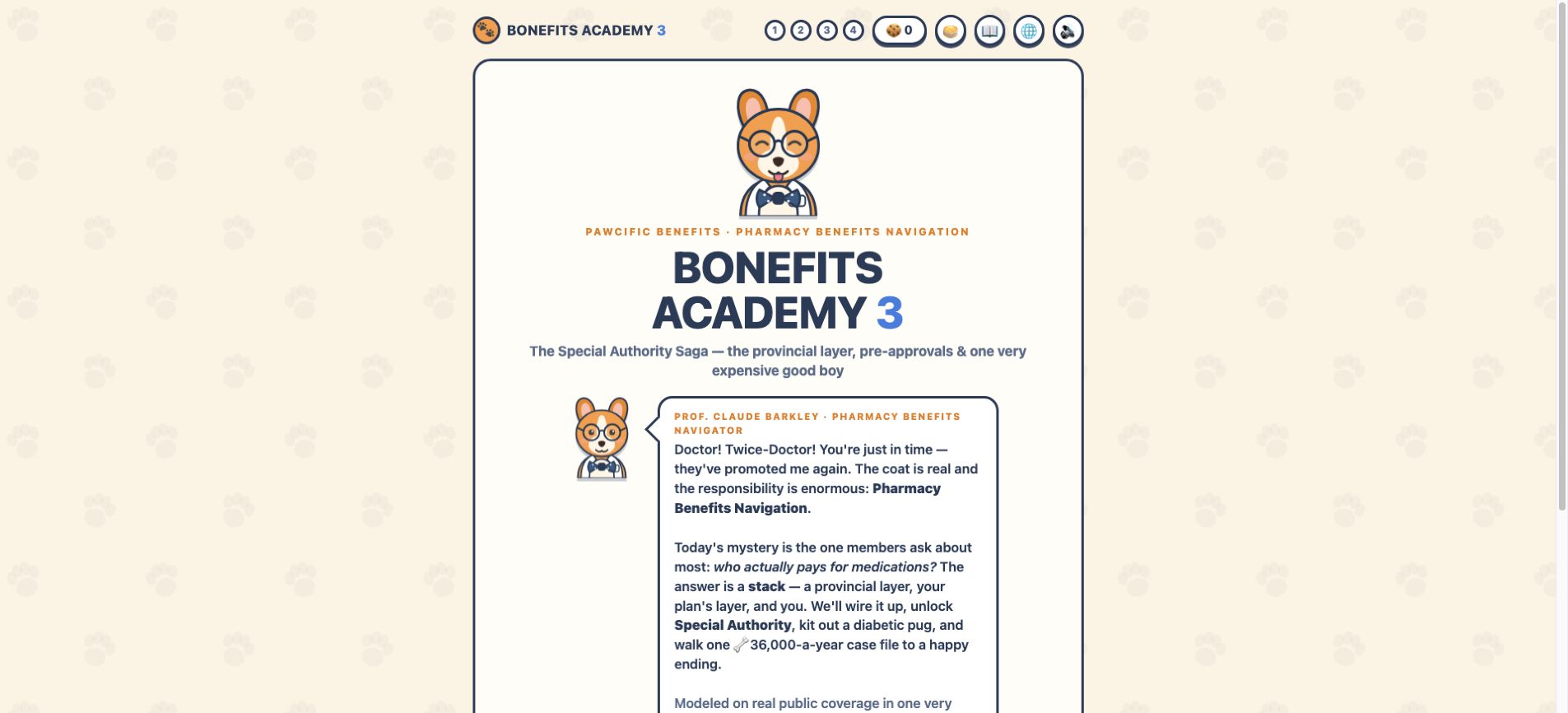 Bonefits Academy 3 opening screen for pharmacy benefits navigation