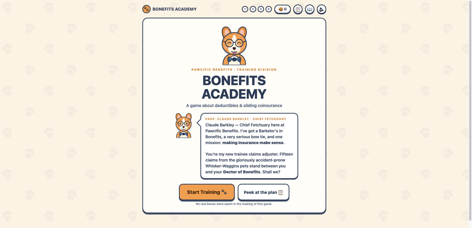 Bonefits Academy opening screen with Professor Claude Barkley